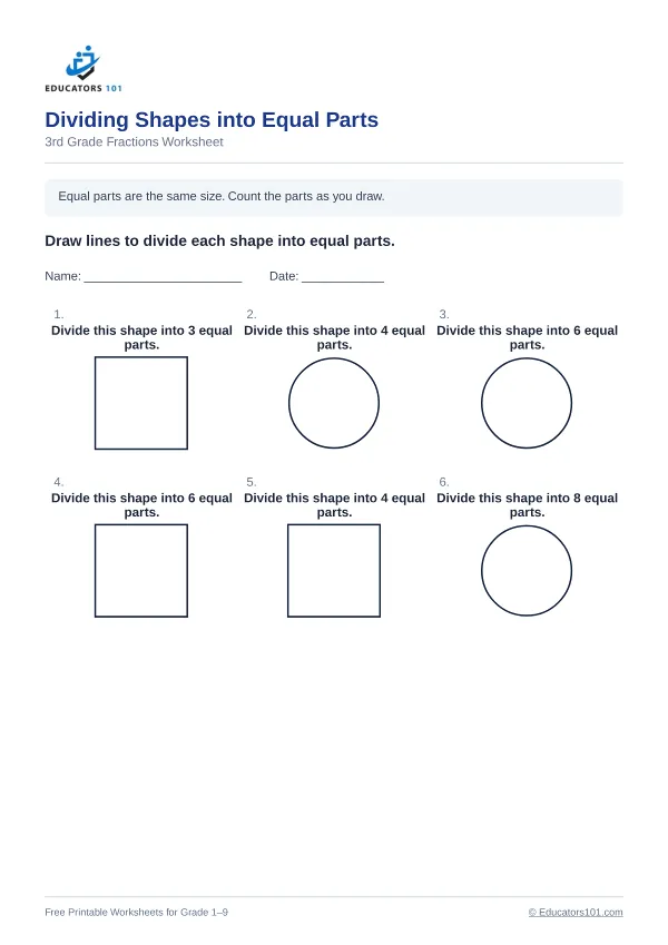 Dividing Shapes into Equal Parts worksheet 8 — 3rd Grade