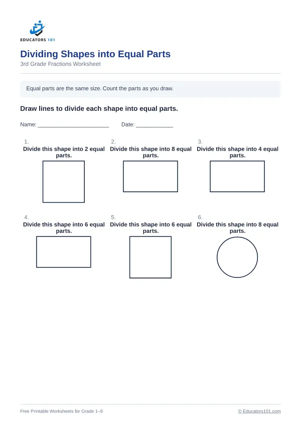 Dividing Shapes into Equal Parts worksheet 9 — 3rd Grade