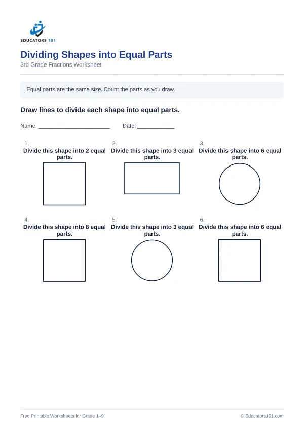 Dividing Shapes into Equal Parts worksheet 11 — 3rd Grade