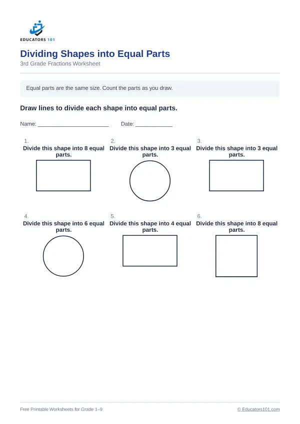 Dividing Shapes into Equal Parts worksheet 12 — 3rd Grade
