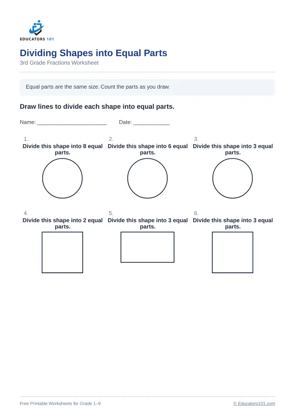 Dividing Shapes into Equal Parts worksheet 13 — 3rd Grade