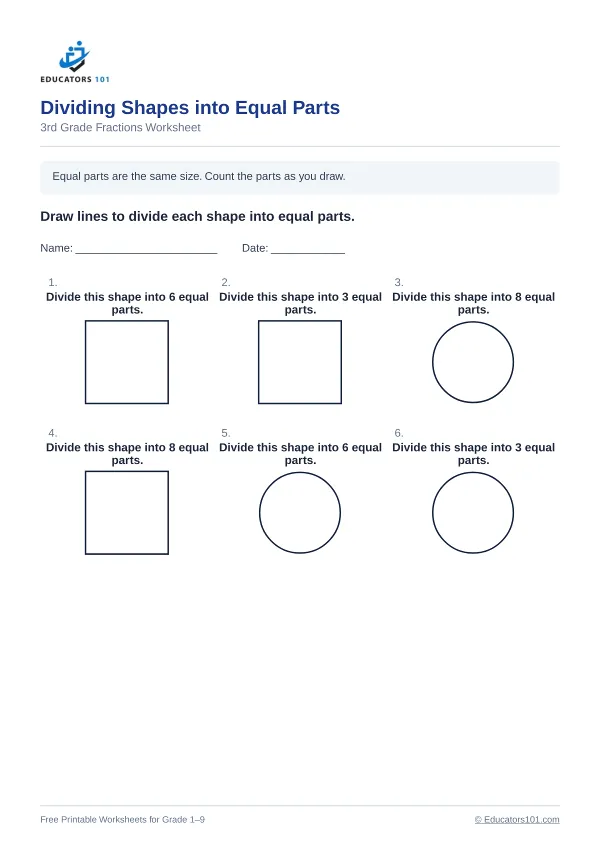 Dividing Shapes into Equal Parts worksheet 14 — 3rd Grade