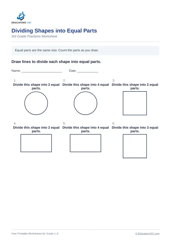 Dividing Shapes into Equal Parts worksheet 15 — 3rd Grade