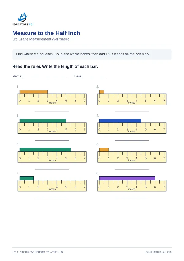 Measure to the Half Inch worksheet 1 — 3rd Grade