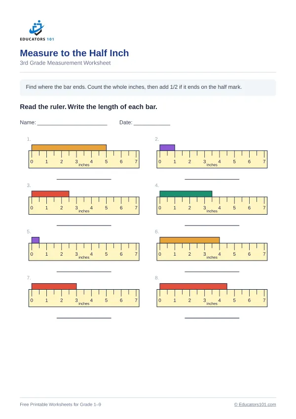 Measure to the Half Inch worksheet 2 — 3rd Grade