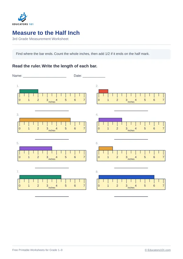 Measure to the Half Inch worksheet 3 — 3rd Grade