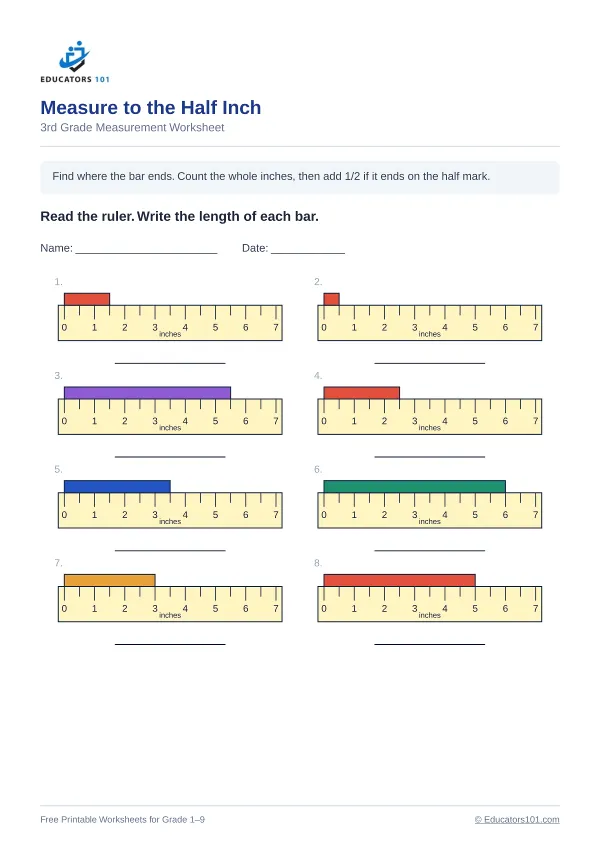 Measure to the Half Inch worksheet 4 — 3rd Grade
