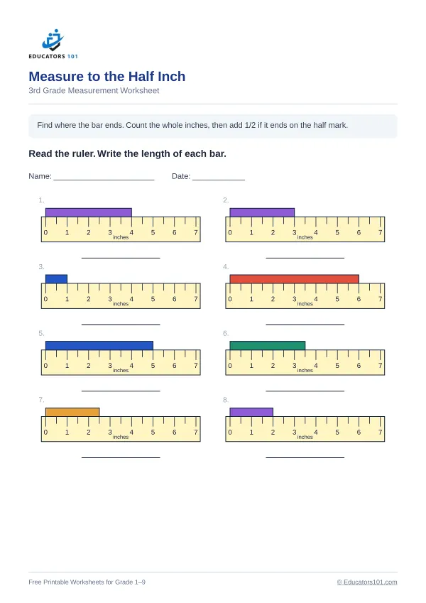 Measure to the Half Inch worksheet 5 — 3rd Grade