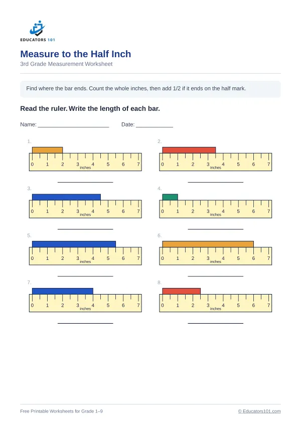 Measure to the Half Inch worksheet 6 — 3rd Grade