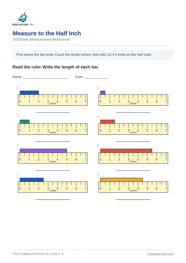 Measure to the Half Inch worksheet 7 — 3rd Grade