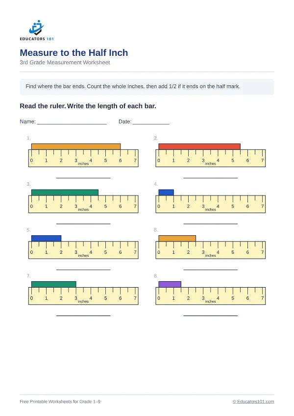 Measure to the Half Inch worksheet 8 — 3rd Grade