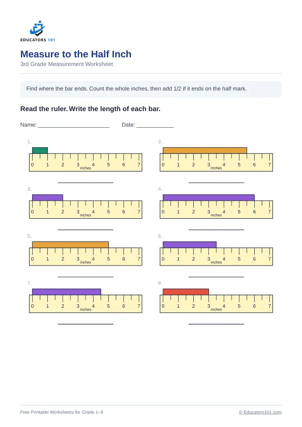 Measure to the Half Inch worksheet 9 — 3rd Grade