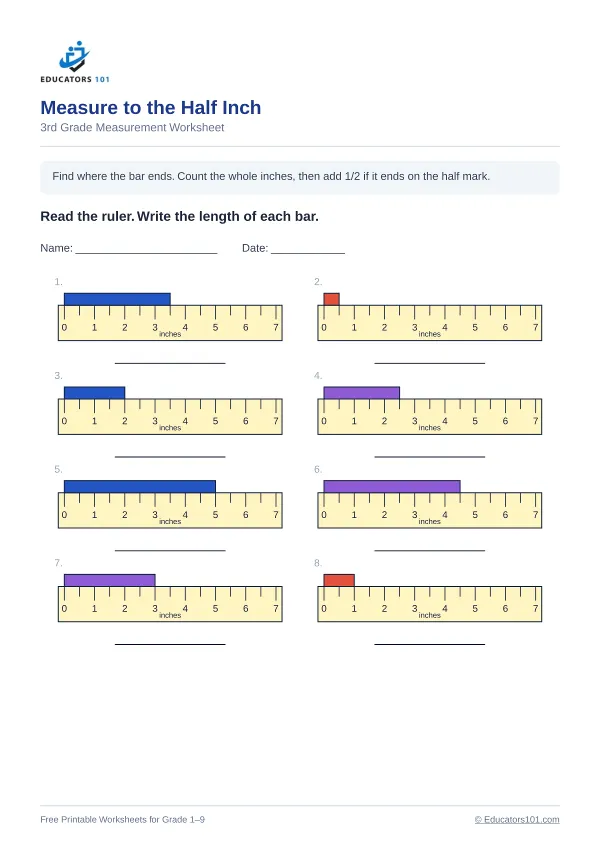 Measure to the Half Inch worksheet 10 — 3rd Grade