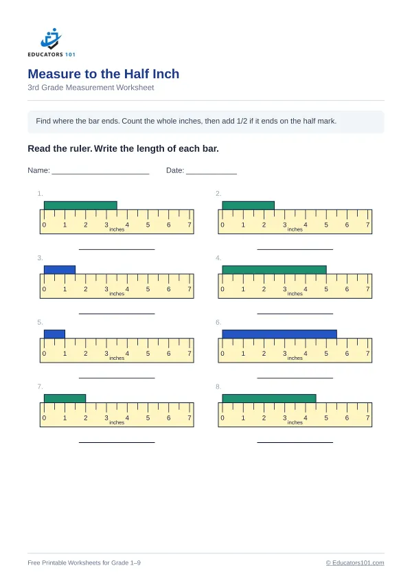 Measure to the Half Inch worksheet 11 — 3rd Grade