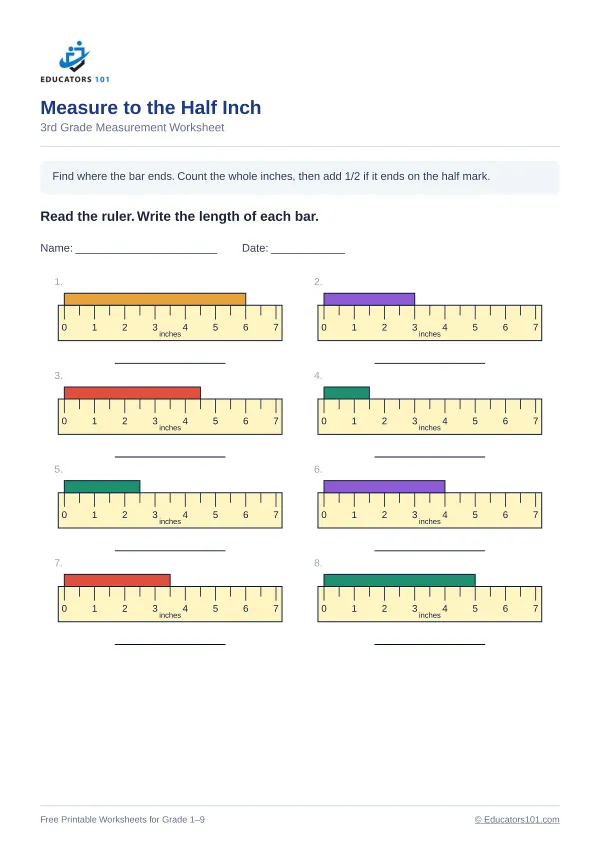 Measure to the Half Inch worksheet 12 — 3rd Grade