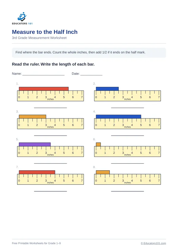 Measure to the Half Inch worksheet 13 — 3rd Grade