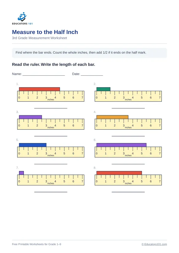 Measure to the Half Inch worksheet 14 — 3rd Grade