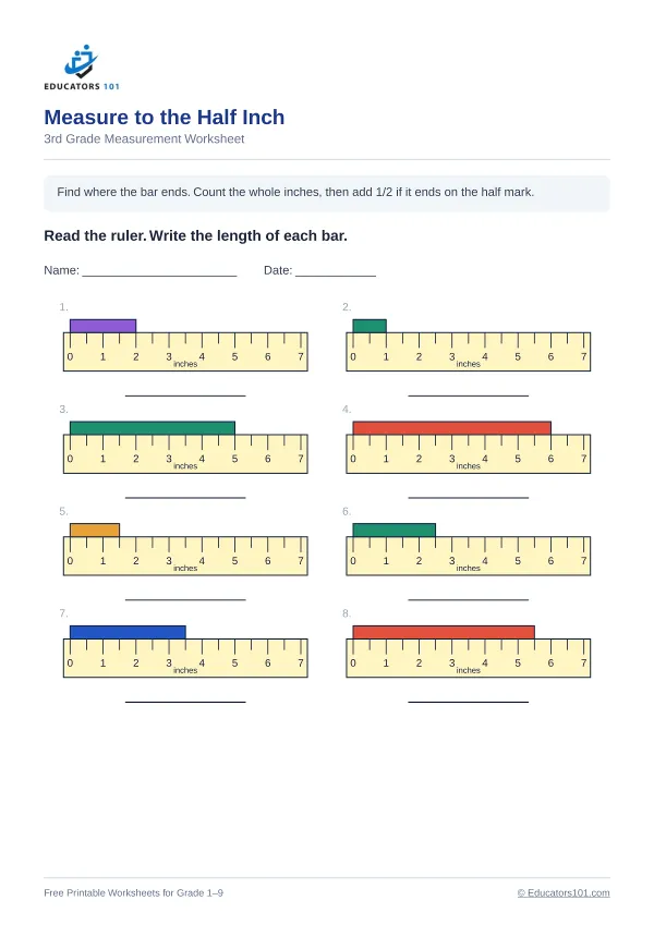 Measure to the Half Inch worksheet 15 — 3rd Grade