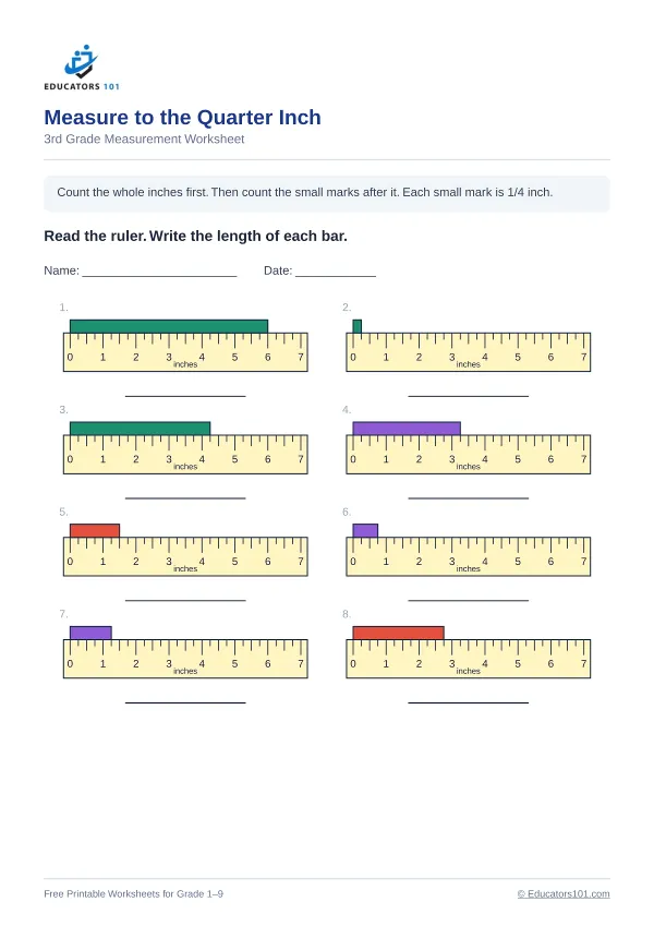 Measure to the Quarter Inch worksheet 1 — 3rd Grade