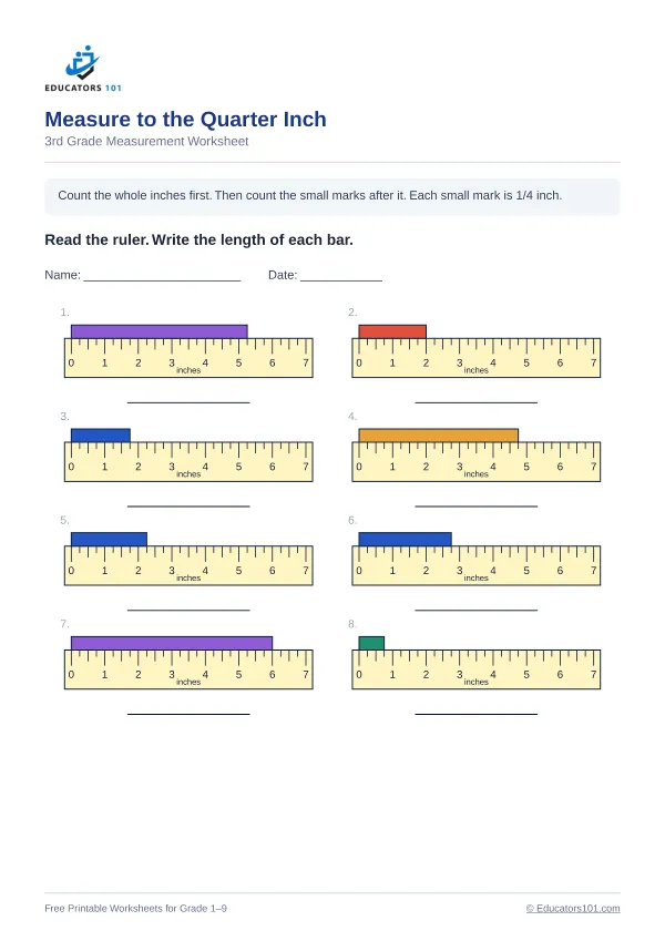 Measure to the Quarter Inch worksheet 2 — 3rd Grade