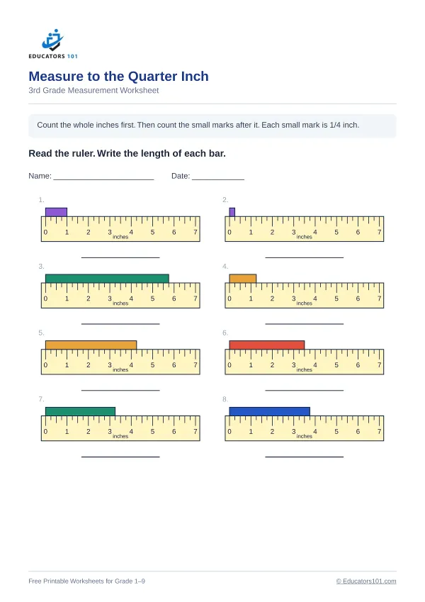 Measure to the Quarter Inch worksheet 3 — 3rd Grade
