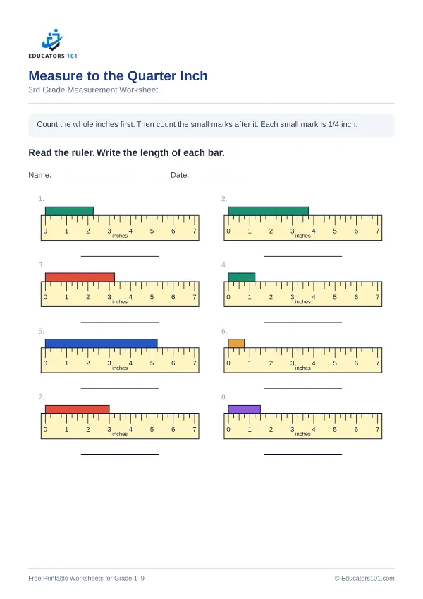 Measure to the Quarter Inch worksheet 4 — 3rd Grade