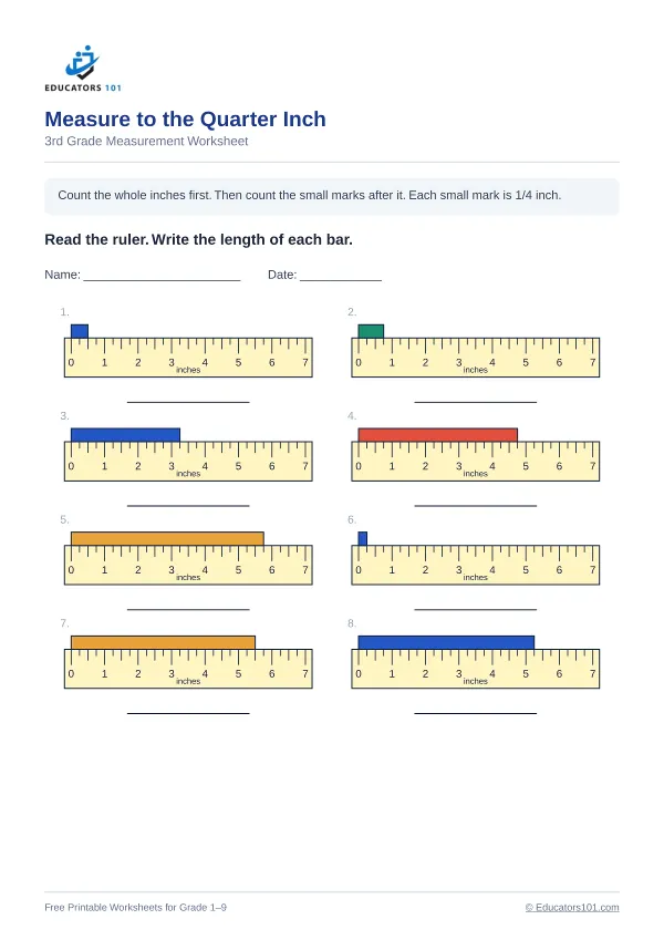 Measure to the Quarter Inch worksheet 5 — 3rd Grade