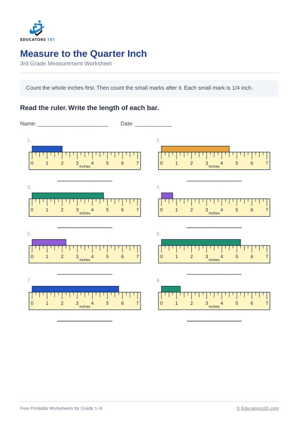 Measure to the Quarter Inch worksheet 6 — 3rd Grade