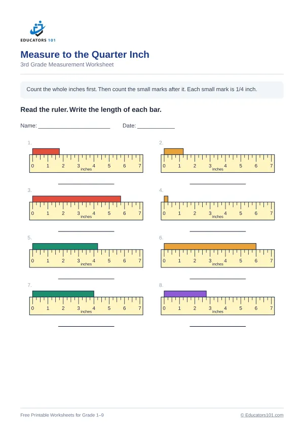 Measure to the Quarter Inch worksheet 7 — 3rd Grade