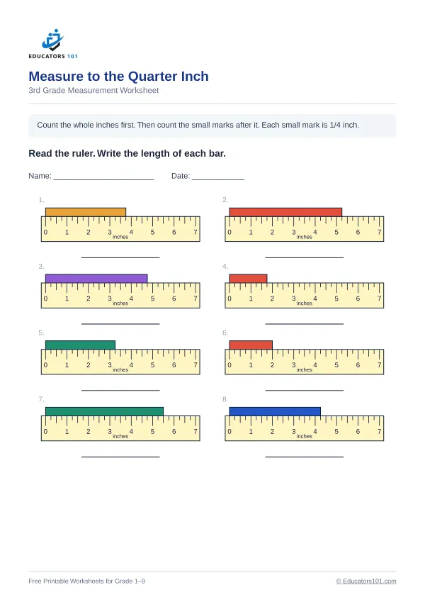 Measure to the Quarter Inch worksheet 8 — 3rd Grade