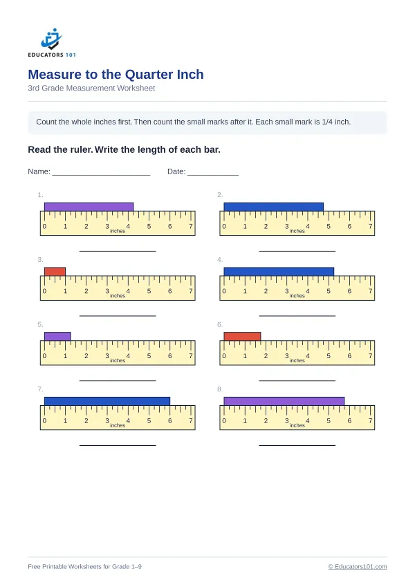 Measure to the Quarter Inch worksheet 9 — 3rd Grade