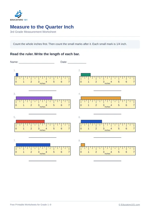 Measure to the Quarter Inch worksheet 10 — 3rd Grade