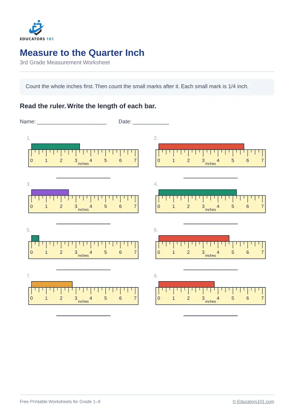 Measure to the Quarter Inch worksheet 11 — 3rd Grade