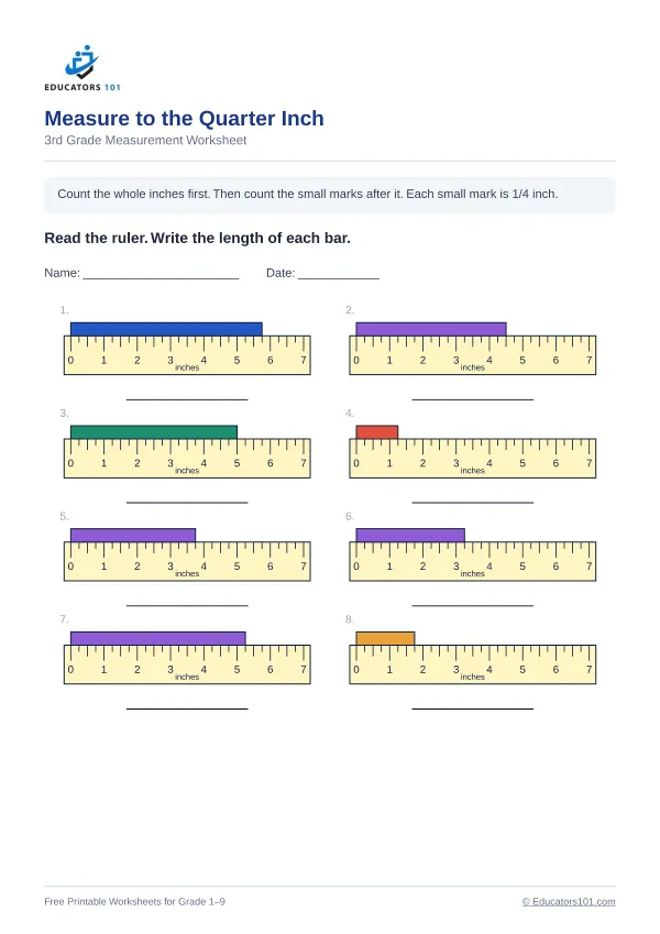 Measure to the Quarter Inch worksheet 12 — 3rd Grade