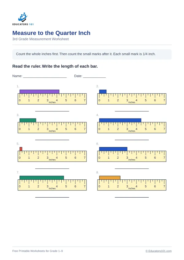 Measure to the Quarter Inch worksheet 13 — 3rd Grade