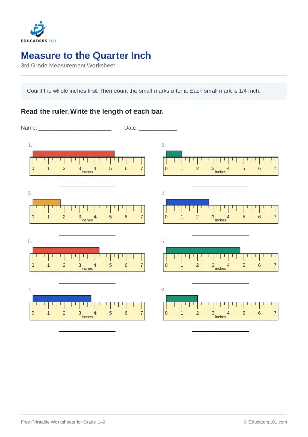 Measure to the Quarter Inch worksheet 14 — 3rd Grade