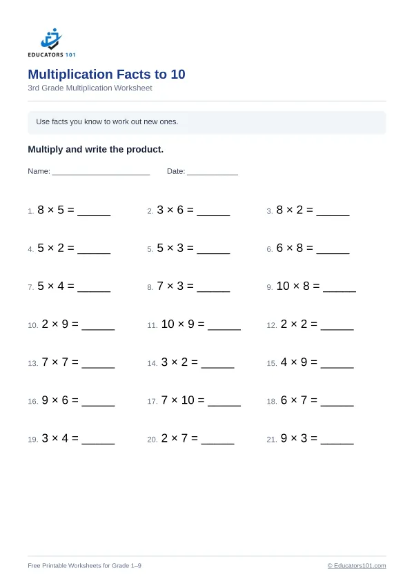 Multiplication Facts to 10 worksheet 2 — 3rd Grade