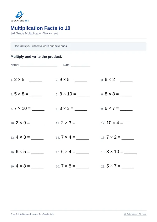 Multiplication Facts to 10 worksheet 3 — 3rd Grade