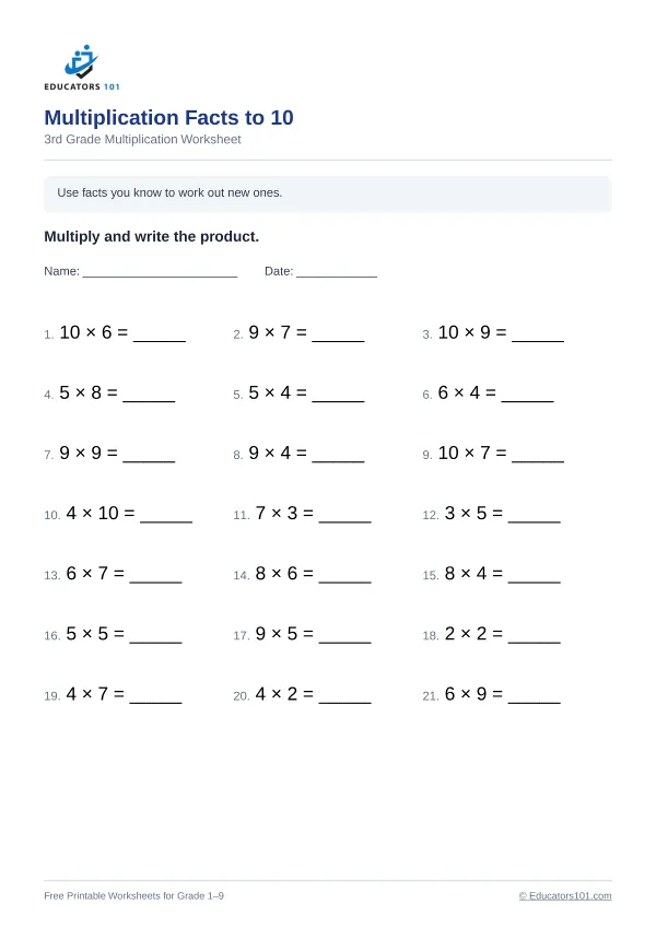 Multiplication Facts to 10 worksheet 9 — 3rd Grade