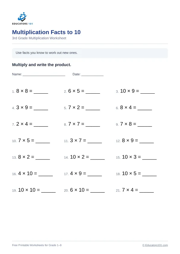 Multiplication Facts to 10 worksheet 10 — 3rd Grade