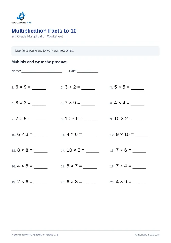 Multiplication Facts to 10 worksheet 11 — 3rd Grade