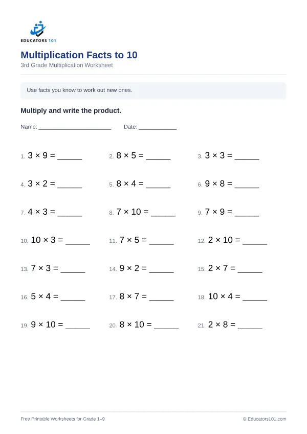 Multiplication Facts to 10 worksheet 12 — 3rd Grade