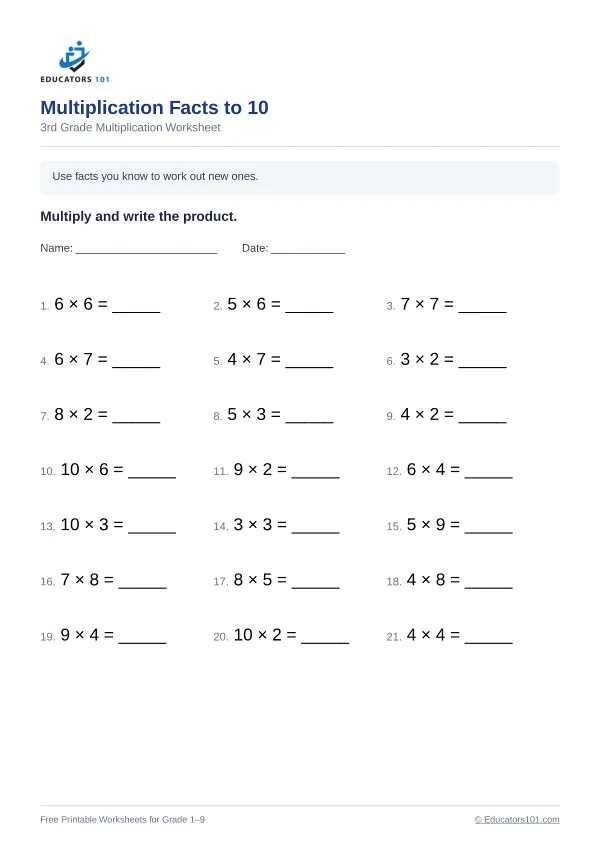 Multiplication Facts to 10 worksheet 13 — 3rd Grade