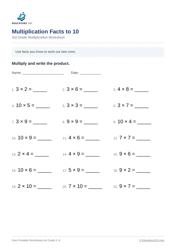 Multiplication Facts to 10 worksheet 14 — 3rd Grade
