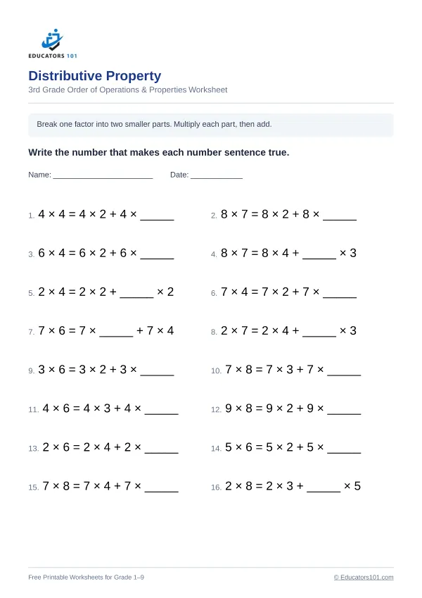 Distributive Property worksheet 1 — 3rd Grade