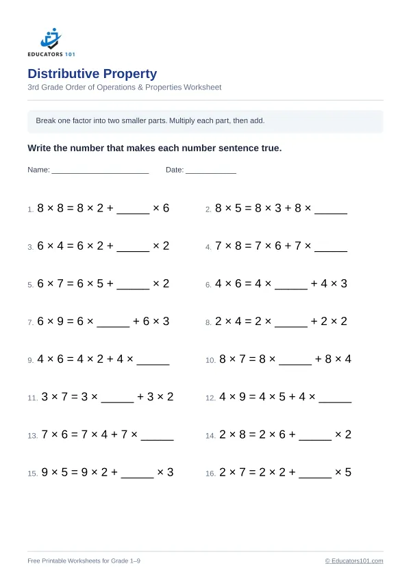 Distributive Property worksheet 2 — 3rd Grade