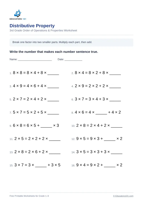 Distributive Property worksheet 3 — 3rd Grade