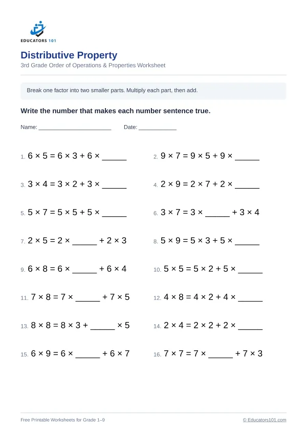 Distributive Property worksheet 4 — 3rd Grade