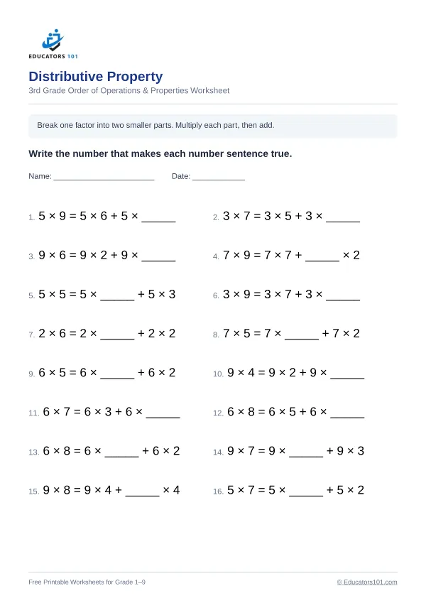 Distributive Property worksheet 5 — 3rd Grade