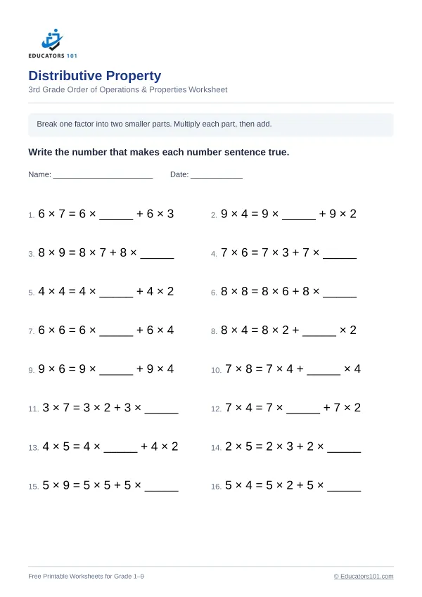 Distributive Property worksheet 6 — 3rd Grade
